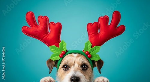 Adorable dog wearing festive Christmas reindeer antlers headband.