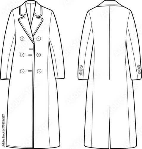 Classic long trench coat CAD fashion flat sketch, double breasted outerwear design, technical clothing vector template for apparel illustration