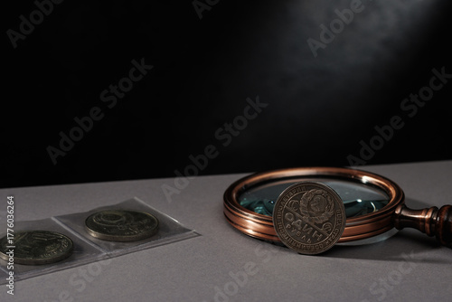 Numismatics. Old collectible coins on the table.