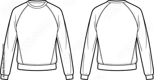 Classic unisex sweatshirt with raglan sleeve design, casual pullover fashion template, detailed technical apparel flat, cad drawing vector illustration