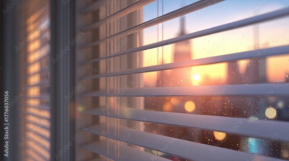 Obraz premium City Sunset Through White Blinds