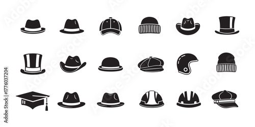 Diverse collection of hat silhouettes isolated on white background