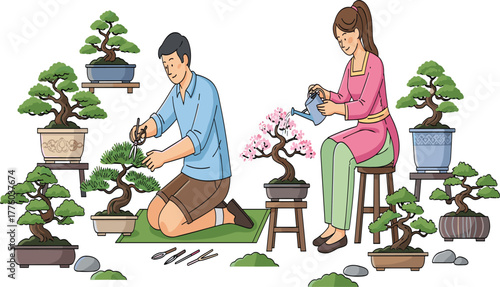 Couple caring for bonsai trees in peaceful garden, man trimming branches and woman watering plants, relaxing hobby nature concept illustration