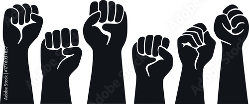 Black raised fist silhouettes in protest and solidarity pose, symbol of unity, empowerment, resistance, social justice, activism, vector illustration