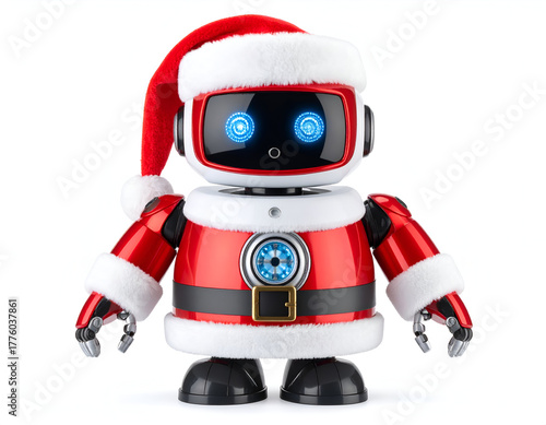 A charming and modern robotic character dressed in a festive red Santa Claus suit with a hat, embodying a futuristic twist on traditional holiday cheer, isolated on a clean white background