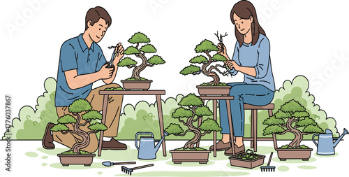 Couple taking care of bonsai trees together in garden, trimming branches, watering plants, peaceful nature hobby illustration concept design