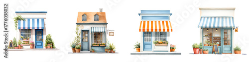 Watercolor Illustration of Quaint Shopfronts with Awnings