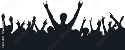Silhouette of concert crowd with raised hands and gestures, energetic celebration scene, unity, excitement, music event vector illustration in black