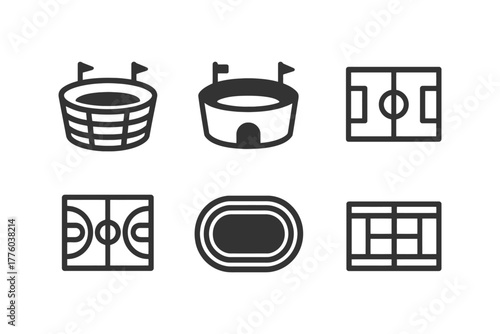 Set of six stadium and sports field icon illustrations.