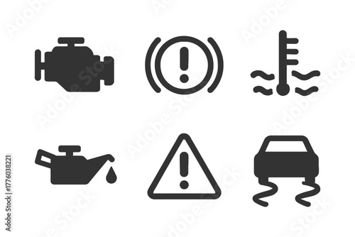 Car dashboard warning icons: engine, brakes, temperature, oil, alert, skidding.
