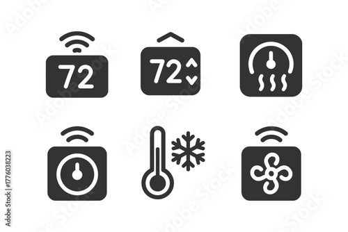 Smart thermostat icons: temperature, timer, and fan controls.