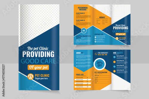 Pet shop and animals clinic print flyer or poster template design. yellow, blue color Veterinarian Clinic.