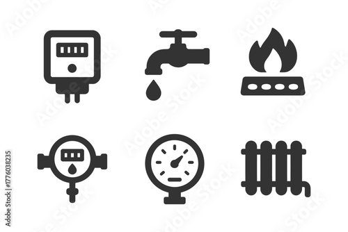 Home utility icons: water, gas, heating, pressure gauge, radiator, thermostat symbols.
