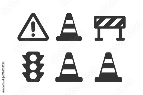 Traffic and construction icons: cones, barricades, and signs.