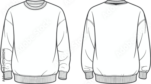 Crewneck sweatshirt front and back technical sketch, casual fashion cad drawing, long sleeve pullover flat vector illustration, clothing design template mockup