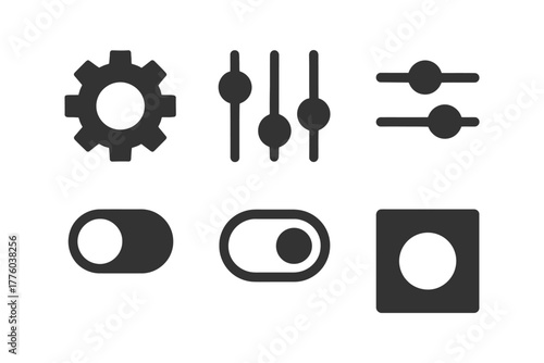Collection of black control icons: gear, sliders, switches, toggle, circle.