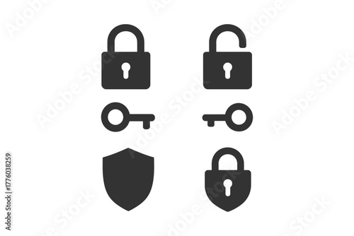 Lock and key icons with security shield in monochrome design.