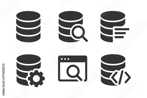 Database icons set: search, gear, coding, and configuration symbols.