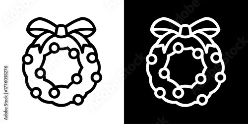Christmas Wreath Line Icon with Ribbon, Vector Illustration