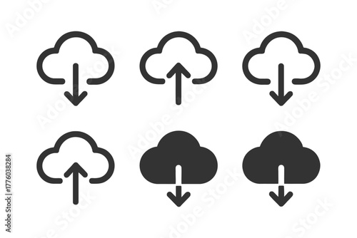 Cloud storage icons with upload and download arrows in black and white.