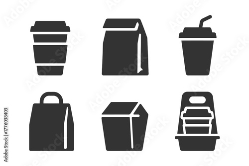 Silhouette icons of coffee cups and takeout containers in various styles.