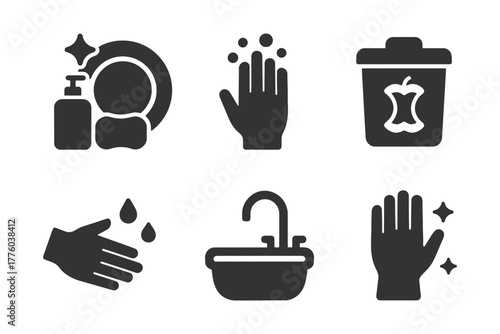 Hygiene and cleaning icon set: handwashing, dishwashing, waste disposal symbols.