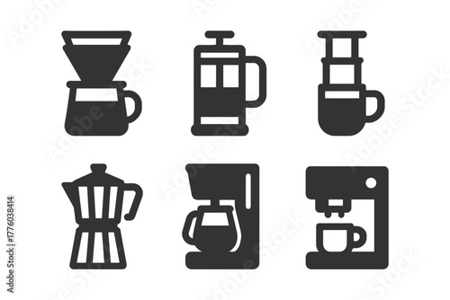 Set of six coffee maker icons featuring various brewing methods.