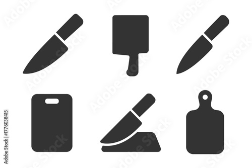 Kitchen utensils icons set with knives and cutting boards.