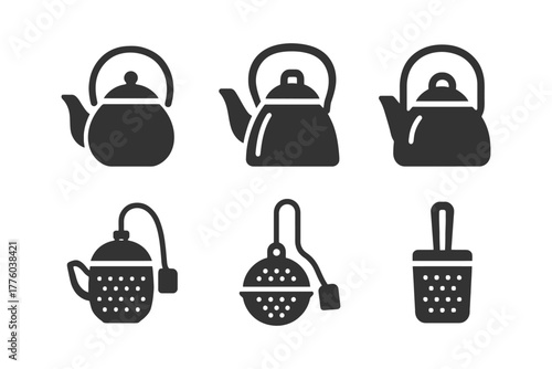 Collection of teapot and tea infuser icons in black silhouette.
