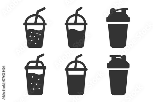 Vector icons of various drink cups with lids and straws.