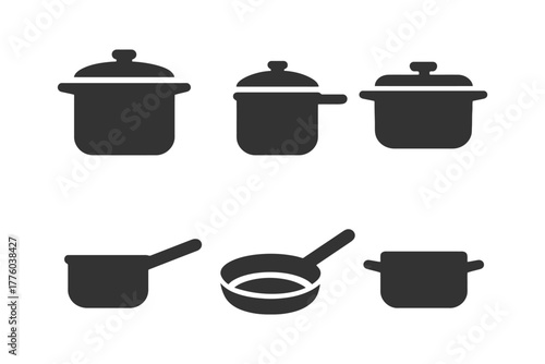 Set of black saucepan and cooking pot silhouettes for kitchen design.
