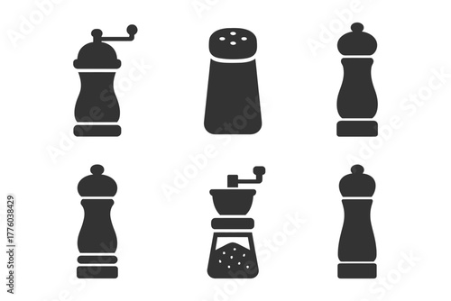 Black silhouette icons of salt and pepper shakers in various designs.