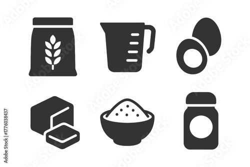 Essential icons: flour, measuring cup, eggs, butter, sugar, and jar.
