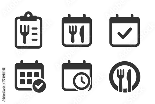 Meal planning icons set with calendar, checklist, cutlery, and time graphics.