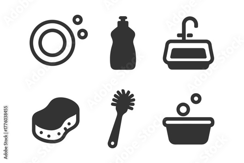 Dishwashing icons: plates, detergent, sink, sponge, brush, bowl.