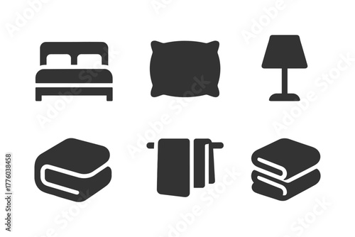 Set of bed, pillow, lamp, book, towel, and linen icons for home decor.