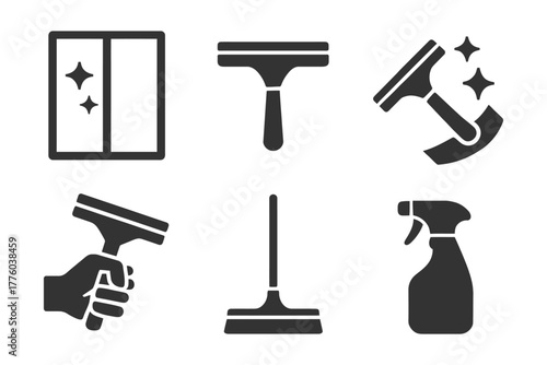 Cleaning tools icon set: squeegee, spray bottle, sparkling windows.