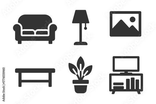 Black and white icons of furniture and decor: couch, lamp, picture, table, plant, tv stand.