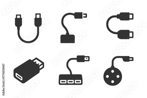 Set of usb cable and adapter icons in black silhouette style.