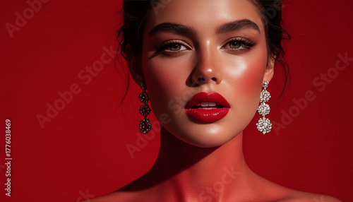 high fashion beauty portrait of woman with red lips and diamond earrings on crimson background