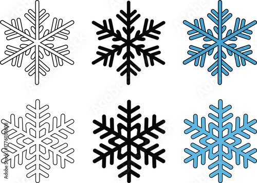 Winter snowflake symbol in outline solid black and light blue styles 
