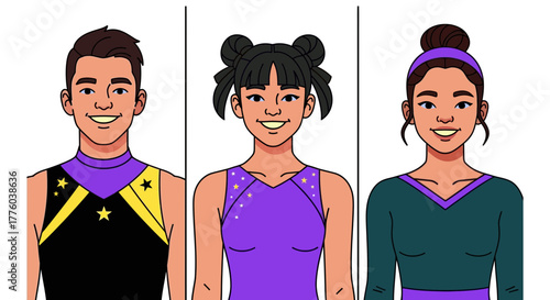 Gymnastics team cartoon illustration of diverse team members editable stock