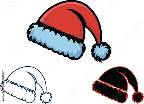 Santa hats shown in different artistic styles including a vibrant color version a simple line art design and a bold silhouette