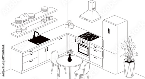 Isometric kitchen design with dining table and modern appliances editable stock