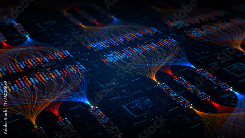 Abstract digital data stream visualization showing network connections, data flow, and a futuristic information processing system. Ideal for tech, AI, and IT concept designs. 3d Rendering