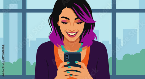 Woman using phone illustration with purple hair and turquoise editable stock