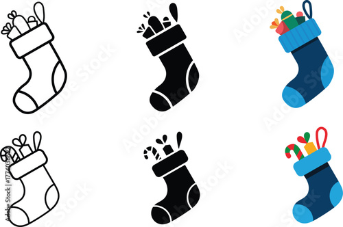 Christmas stocking symbols in various styles including line art silhouette and full color filled with holiday gifts and sweet treats