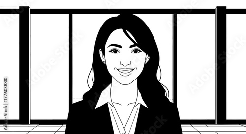 Professional businesswoman cartoon in office with city background editable stock