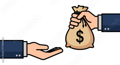 Money transfer hand giving bag of dollars finance investment cash editable stock