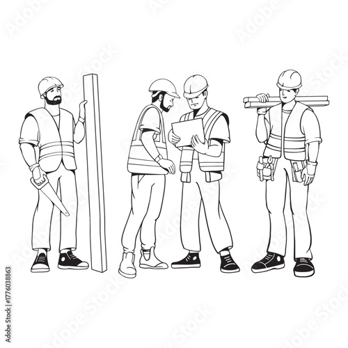 Construction workers set. Carpenter repairman wearing uniform. Vector, Line art.